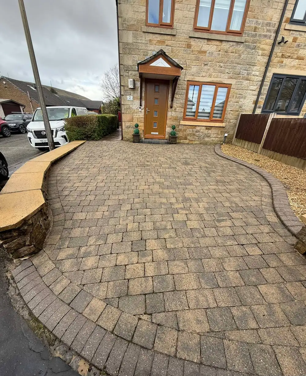 The same block paving driveway after cleaning, colour restored