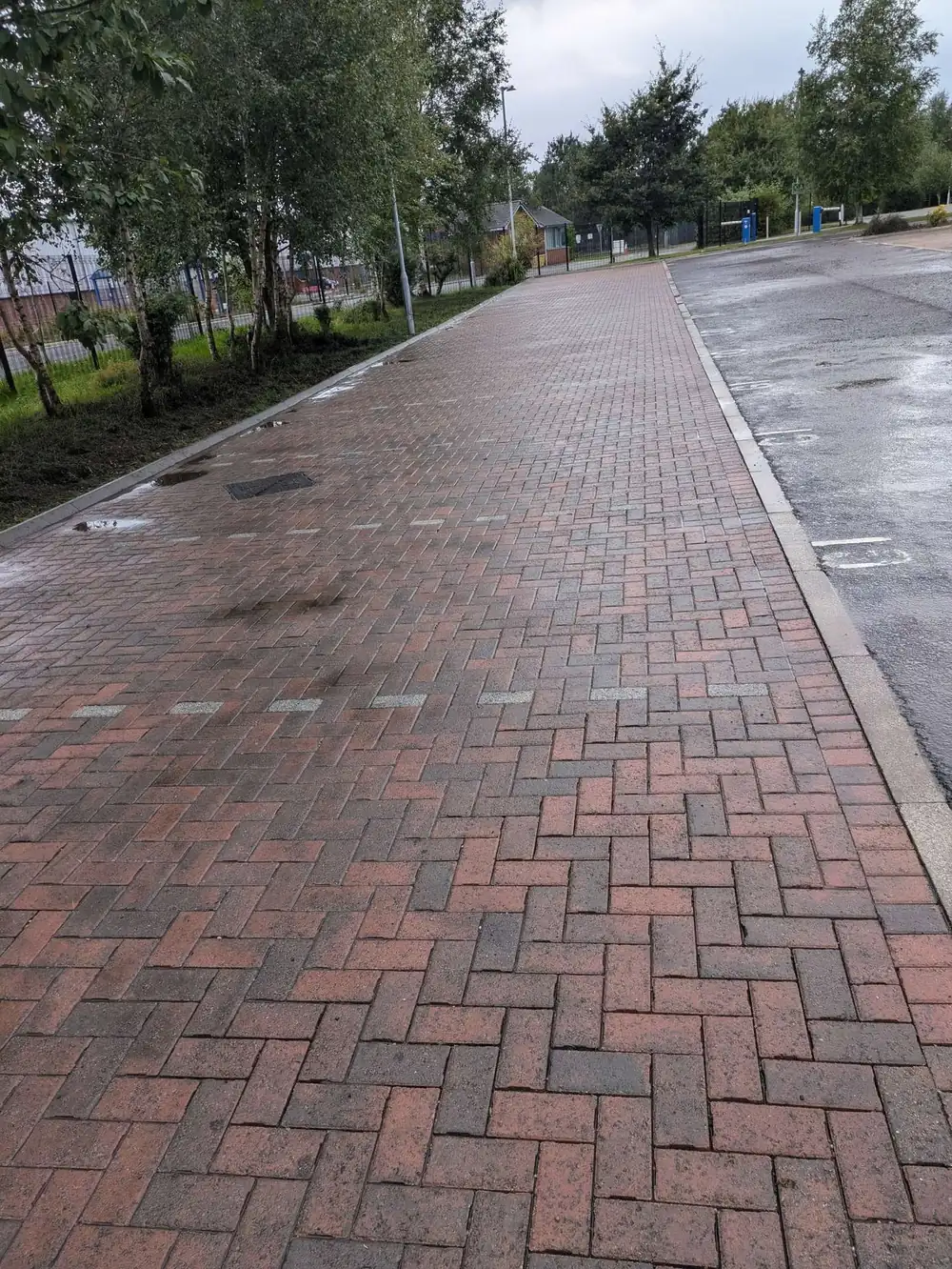 The same paving after cleaning, red herringbone restored