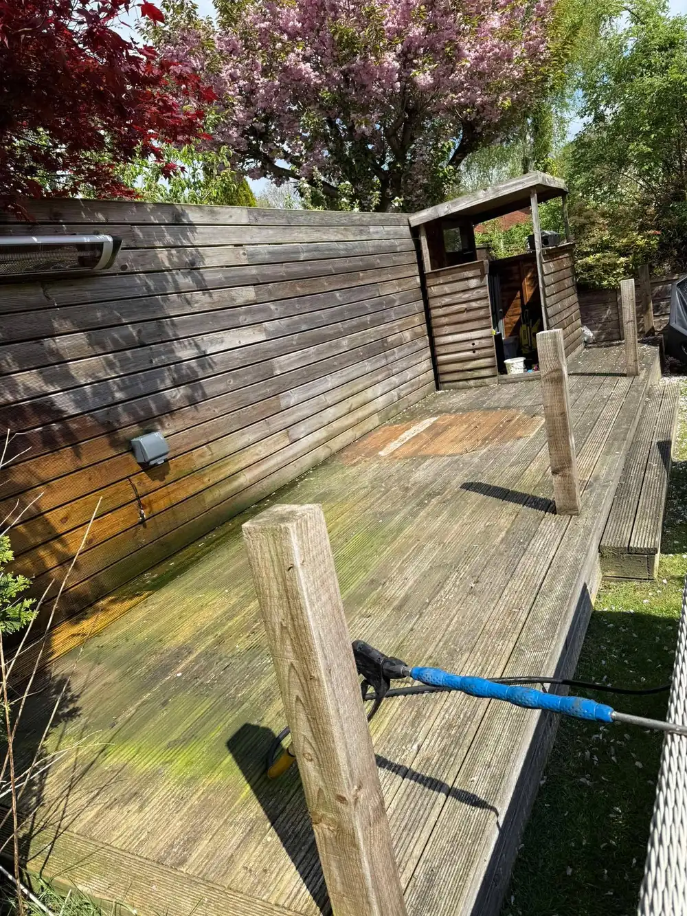 Green, weathered garden decking before cleaning
