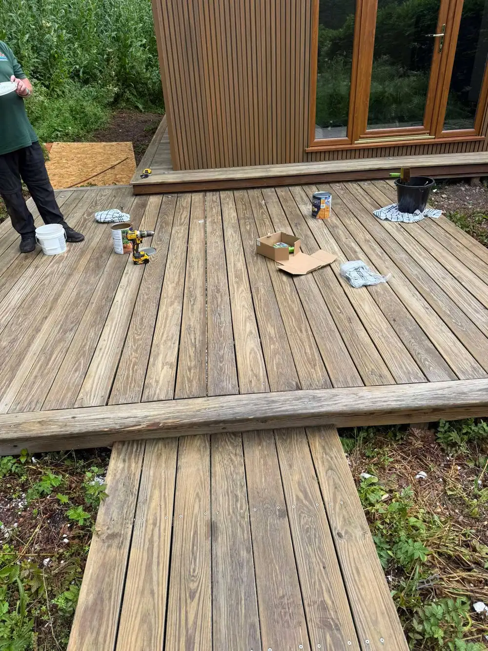 Decking coated in green algae before cleaning