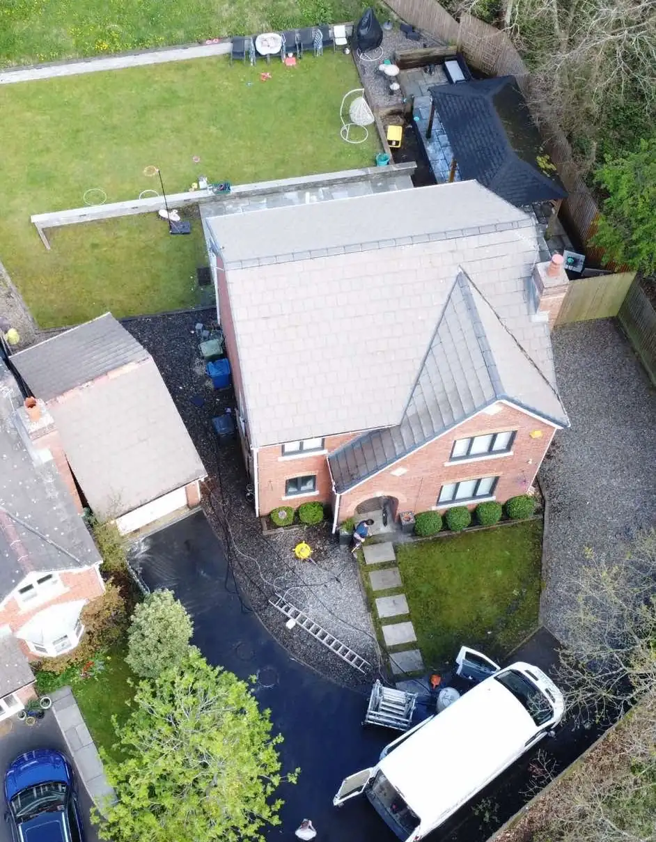 The same roof after cleaning, tiles restored, drone photo