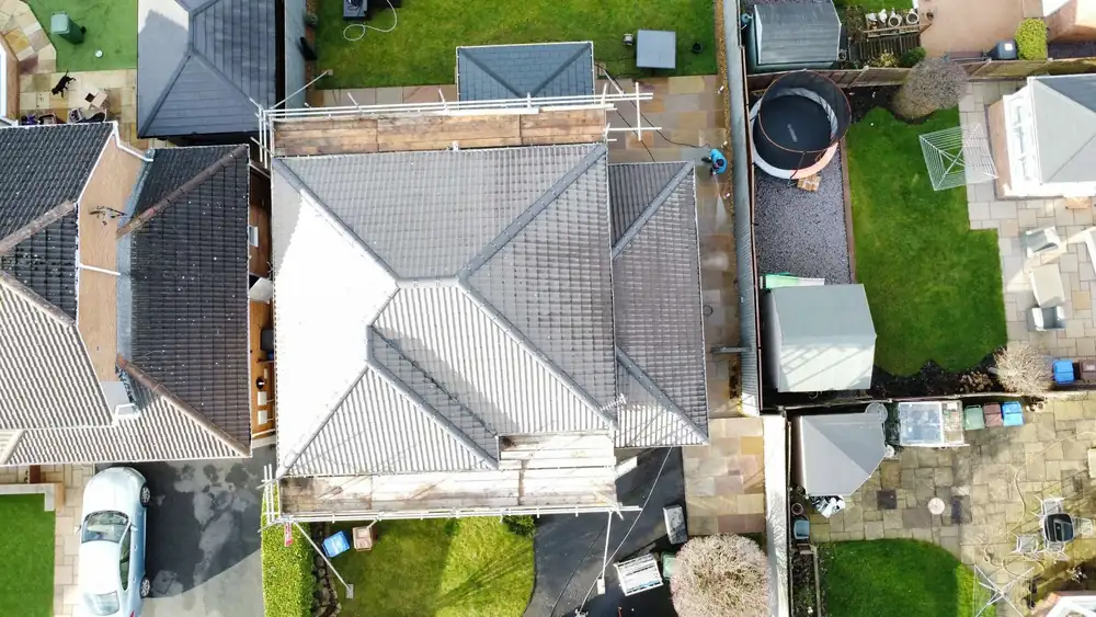 The same roof after moss removal and cleaning, drone photo