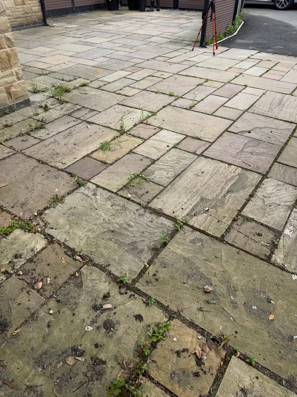 Dirty, leaf-strewn sandstone patio before cleaning