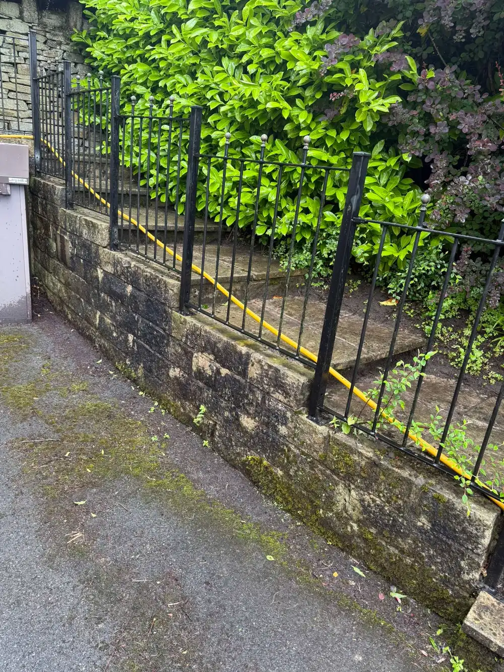 Mossy natural stone wall and steps before cleaning